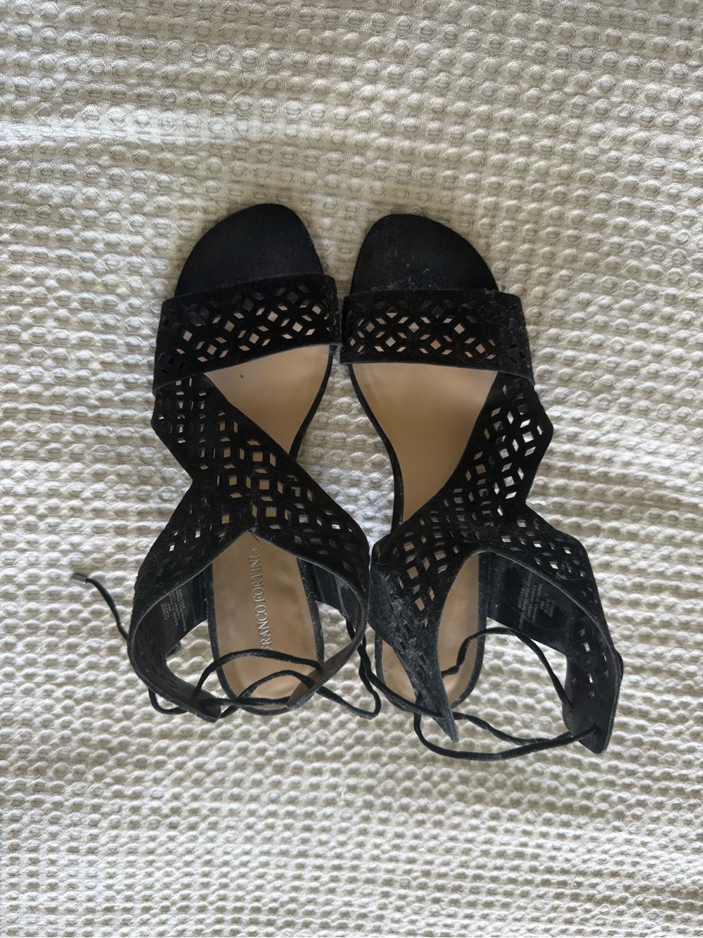 Franco Fortini Black Laser-Cut Lace-Up Heeled Sandals